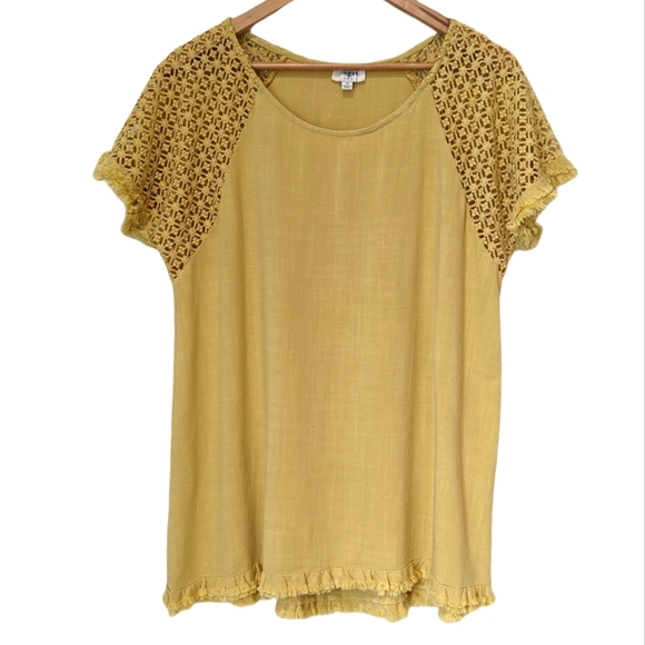 Umgee Linen/Cotton Blend Blouse w/Crochet Sleeves Mustard Size M - Picture 1 of 5